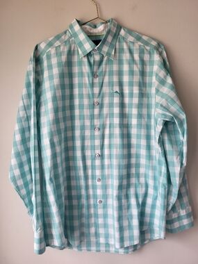 Tommy Bahama Aqua and White Check Vacation Casual Button-Down Shirt